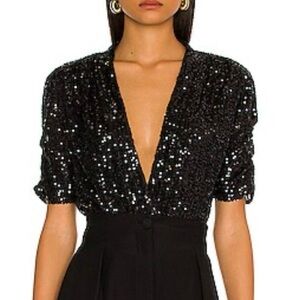 Heartloom Gaia Black Sequin Wrap Blouse Deep V Puff Sleeve Top | Womens Small